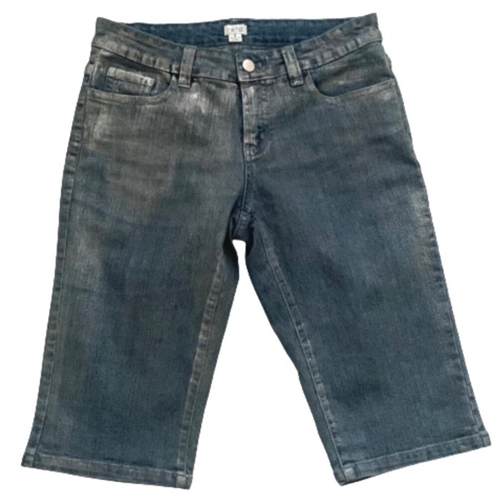 Cache Shorts Blue Denim Brushed Silver Shimmer Knee Length Bermuda Shorts Size 4